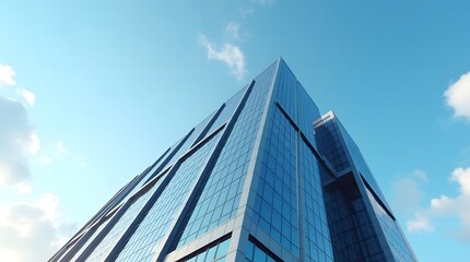 Obraz premium A modern glass skyscraper reaching towards the blue sky with a geometric design and reflective surfaces.