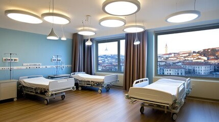 Hospital room with city view.