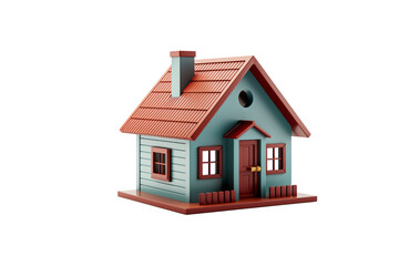 A charming 3D model of a small house with a red roof and blue walls. background removed