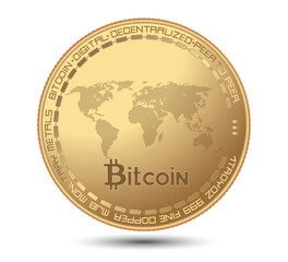 Cryptocurrency gold coin with a bitcoin symbol on the face. Vector illustration. 