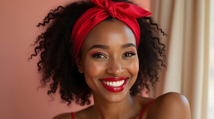A joyful young Black woman with curly hair and a bright red headband smiles warmly, showcasing her radiant makeup.