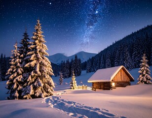 Fototapeta premium Snowy cabin under starry night sky