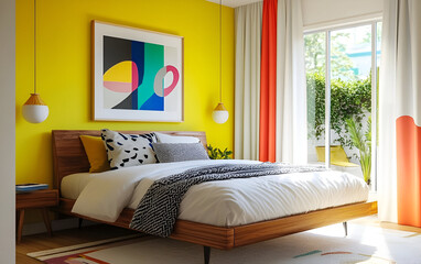 Fototapeta premium A modern bedroom with bright walls, a wooden bed frame, and bold contemporary art