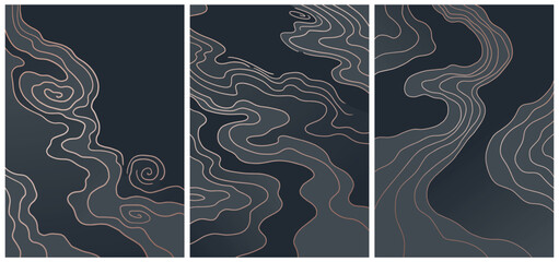 vector abstract japanese style landscapes lined waves in black and gold colours	, 3 artworks