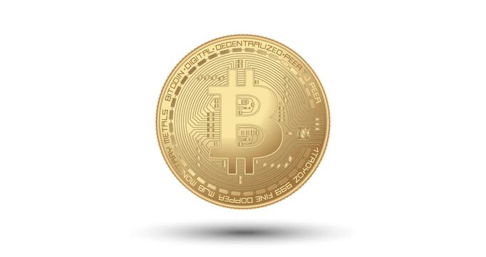 Cryptocurrency gold coin with a bitcoin symbol on the face. The coin appear on the screen with a captivating style. Animated vector coin. Money animation.