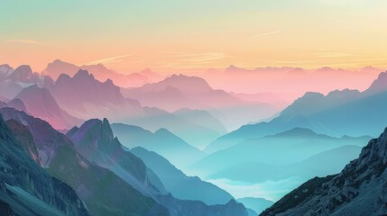Vibrant sunrise over misty mountain range with colorful sky layers