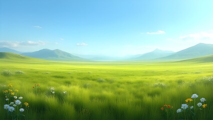 Vast grassland with wildflowers and mountains under blue sky – scenic open landscape