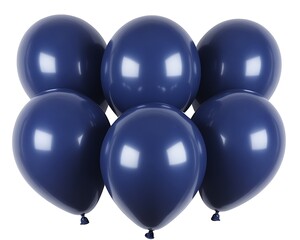 Six navy blue balloons are clustered together in a close up view