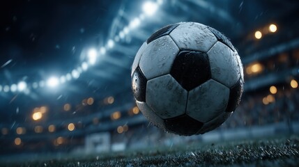 Naklejka premium capturing the energy, motion, and texture of a traditional black-and-white football during a live match