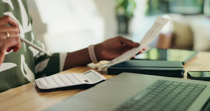 Black person, audit and finance with calculator for budget planning, tax return or bills at home. Accountant, receipt or invoice with calculation for financial rebate, deduction or cash back at house