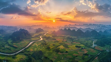 Fototapeta premium Breathtaking sunset over li river and karst mountains in guangxi