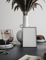 Frame mockup in home interior, cozy modern kitchen interior background, 3d render 