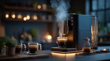  built-in professional coffee maker dispensing fresh espresso into a glass cup with visible steam in a cozy kitchen