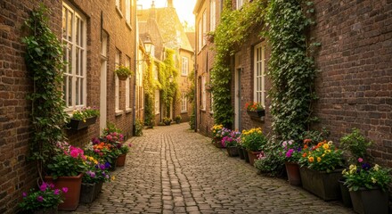 Sunlit Cobblestone Alley with Colorful Flower Pots