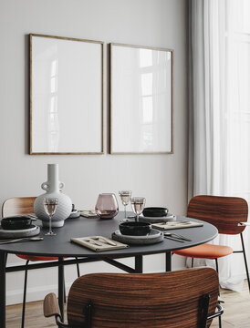 Frame mockup in home interior, cozy modern kitchen interior background, 3d render	