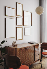 Poster frame mock-up in home interior background with commode, chairs and decor in living room, 3d render 