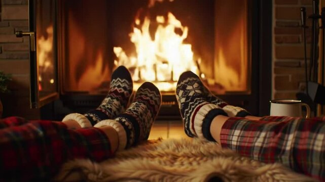 Playing footsie by the fireplace a couple enjoys a cozy night. Suitable for romantic or cozythemed designs and concepts.