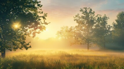Naklejka premium Serene sunrise over misty meadow with trees and golden light
