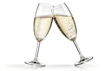 Two isolated champagne flutes with golden bubbles, perfect for a romantic celebration or party toast