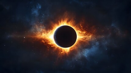 Naklejka premium Dramatic solar eclipse creates a fiery halo effect in dark space background
