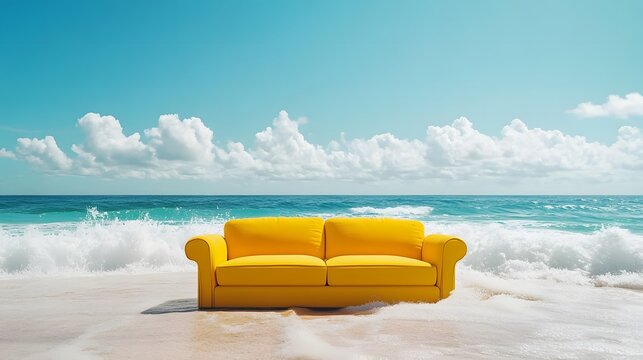 Comfortable yellow sofa sitting on a serene beach with turquoise water and blue sky