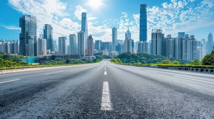 Majestic skyline of modern city with empty road under bright blue sky