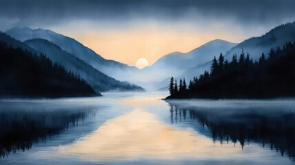 Fototapeta premium Serene sunrise over misty mountains reflected in a calm lake, surrounded by pine forests and soft morning light.