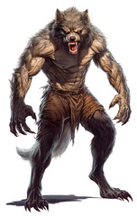 Fototapeta premium Powerful Werewolf Creature Art Fierce Wolf Man Fantasy Illustration Transparent Background Mythological Beast Strong Muscles Scary Monster Supernatural