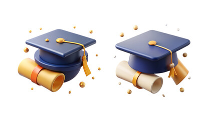 Two blue graduation caps with certificates floating on isolated white transparent background