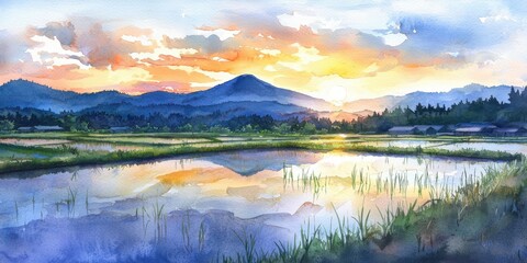Fototapeta premium A serene watercolor landscape of rice fields at sunset, with mountains and colorful sky reflected in the water.