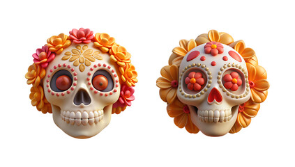 Two colorful decorated sugar skulls with flower crowns on an isolated white transparent background