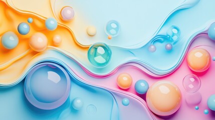 Colorful floating spheres and bubbles on soft blue abstract background with flowing organic shapes
