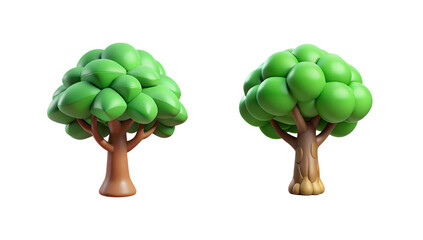 Two stylized 3d rendered trees on isolated white transparent background for design projects