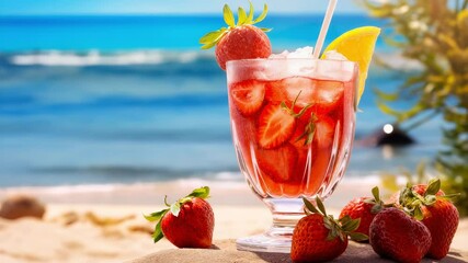 A refreshing cocktail with strawberries and lemon sits on a sandy beach. The ocean waves gently lap at the shore under a clear blue sky. - Powered by Adobe