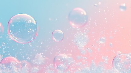Colorful soap bubbles floating on pastel rainbow gradient background with iridescent reflections