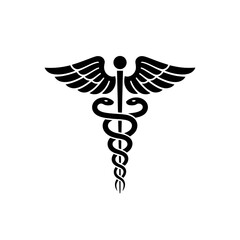 A black caduceus symbol features two snakes winding around a winged staff.