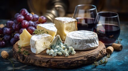 cheese tasting set with brie, camembert, blue cheese and grapes on rustic wooden board