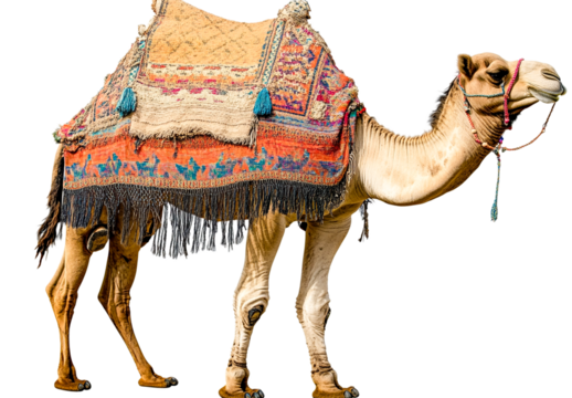 Dromedary camel with ornate saddle blanket, isolated on transparent background