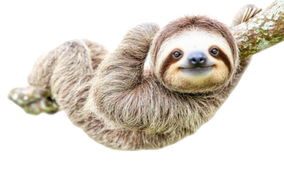 Adorable Three-Toed Sloth Hanging on a Branch with a Happy Expression Perfect for Wildlife Conservation Projects and Nature Documentaries Featuring Rainforest Animals