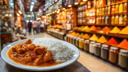 Fototapeta premium chicken curry with jasmine rice on modern plate, blurred Indian spice shop interior