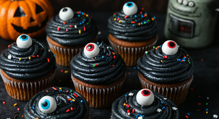 Halloween-themed cupcakes with black frosting and candy eyeballs