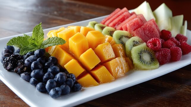 fruit platter set with sliced mango, kiwi, watermelon, blueberries on white plate