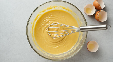 Mixing cake batter with a whisk in a glass bowl on a countertop