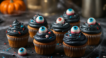 Halloween-themed cupcakes with black frosting and candy eyeballs