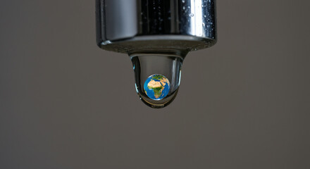 Water droplet reflecting Earth from faucet