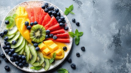 fruit platter set with sliced mango, kiwi, watermelon, blueberries on white plate