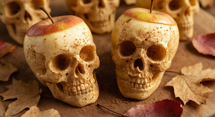 Carved apple skulls on wooden background with autumn leaves
