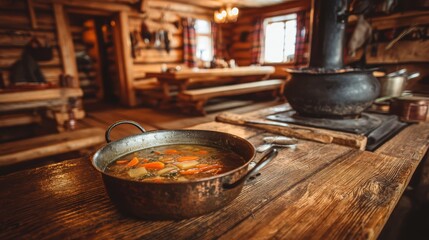 goulash with potatoes, blurry mountain cabin interior background