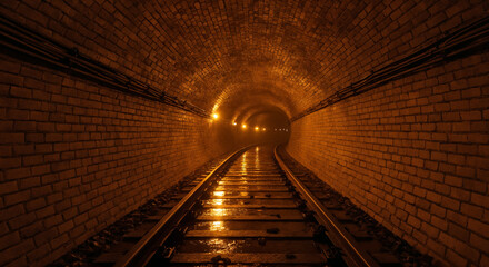 Illuminated Brick Tunnel with Railway Tracks
