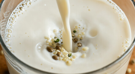 Pouring hemp milk into glass with seeds Close-up Shot